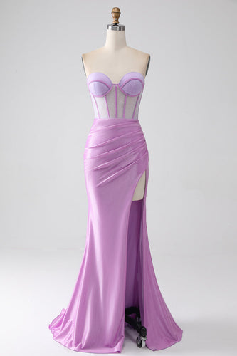 Lilac Mermaid Strapless Corset Prom Dress with Slit