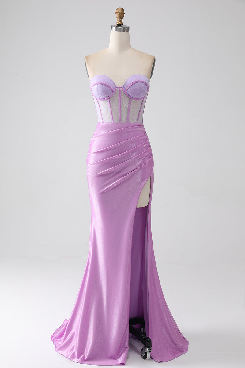 Load image into Gallery viewer, Lilac Mermaid Strapless Corset Prom Dress with Slit
