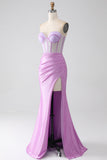 Lilac Mermaid Strapless Corset Prom Dress with Slit