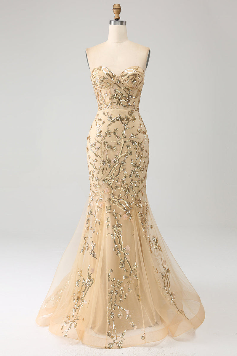 Load image into Gallery viewer, Mermaid Champagne Sparkly Corset Prom Dress