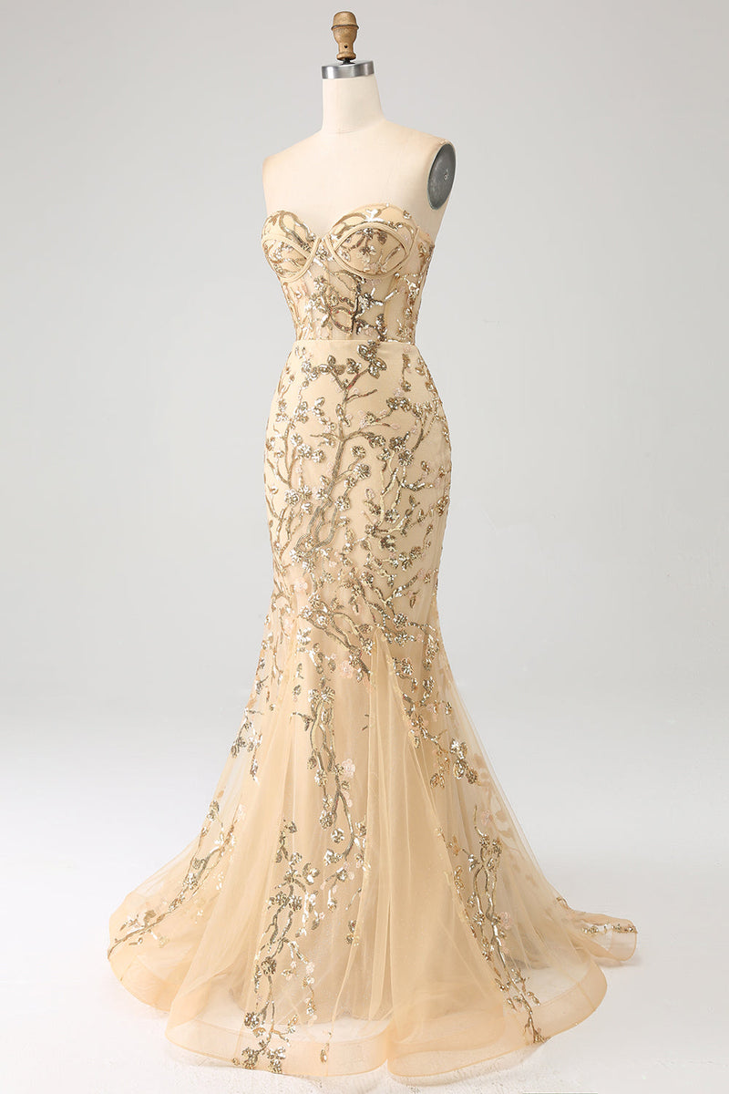 Load image into Gallery viewer, Mermaid Champagne Sparkly Corset Prom Dress