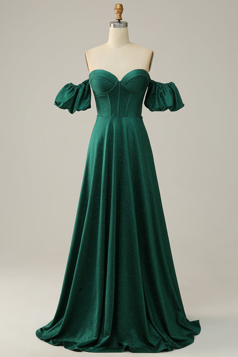 Load image into Gallery viewer, A Line Off the Shoulder Dark Green Long Prom Dress