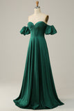 A Line Off the Shoulder Dark Green Long Prom Dress