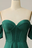 A Line Off the Shoulder Dark Green Long Prom Dress