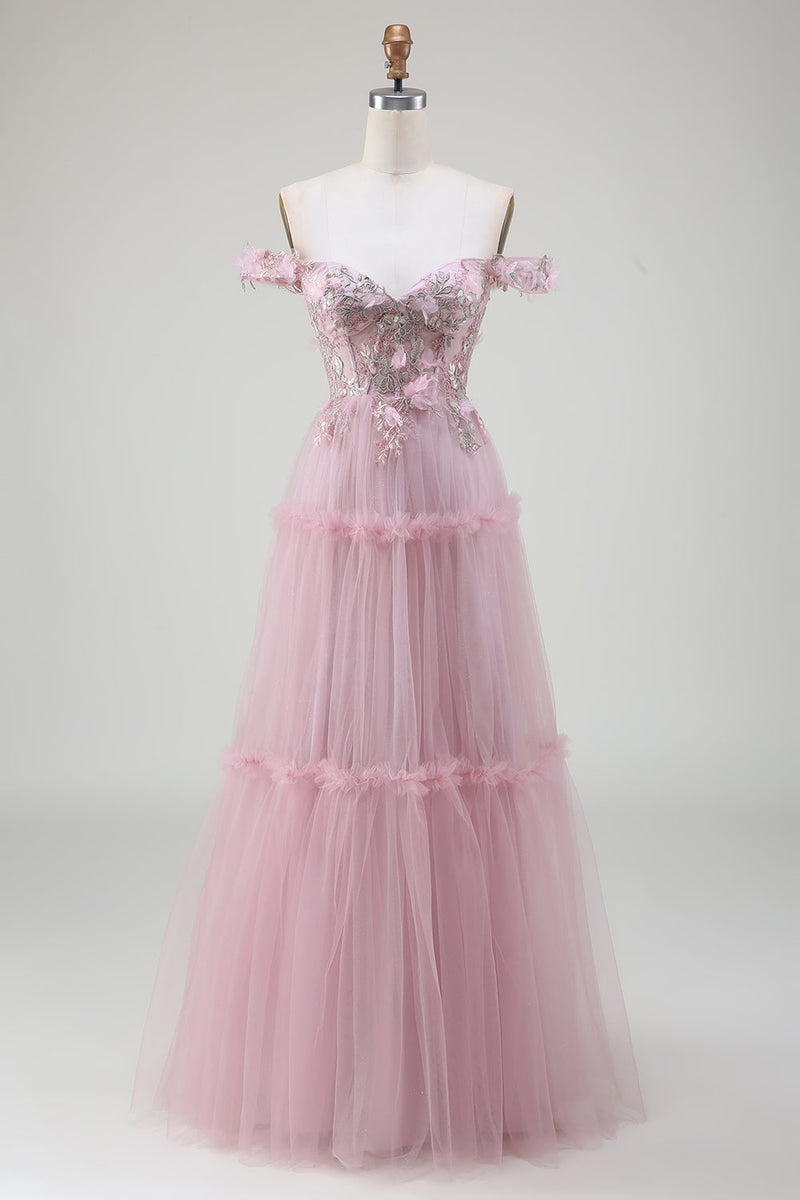 Load image into Gallery viewer, Off the Shoulder Tulle Pink Prom Dress with Appliques