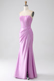 Strapless Purple Mermaid Corset Prom Dress with Pleated