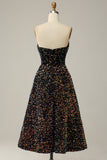 A Line Sweetheart Black Sequins Midi Prom Dress