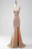 Mermaid Champagne Spaghetti Straps Long Prom Dress with Slit