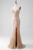 Load image into Gallery viewer, Mermaid Champagne Spaghetti Straps Long Prom Dress with Slit