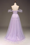 Lilac Off the Shoulder A Line Tulle Princess Prom Dress With Slit