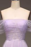 Lilac Off the Shoulder A Line Tulle Princess Prom Dress With Slit