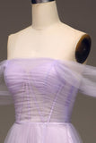 Lilac Off the Shoulder A Line Tulle Princess Prom Dress With Slit