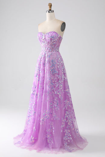 Purple A-Line Strapless Corset Prom Dress with Appliques