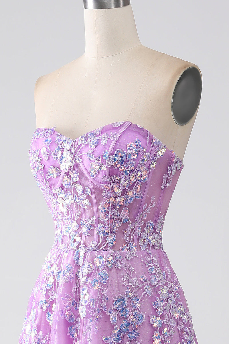 Load image into Gallery viewer, Purple A-Line Strapless Corset Prom Dress with Appliques