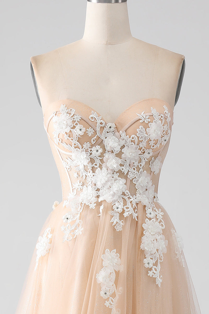 Load image into Gallery viewer, A-Line Champagne Strapless Corset Prom Dress with Appliques