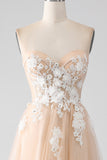 A-Line Champagne Strapless Corset Prom Dress with Appliques