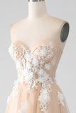 A-Line Champagne Strapless Corset Prom Dress with Appliques