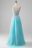 A Line Strapless Sky Blue Corset Prom Dress with Sequins