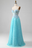 A Line Strapless Sky Blue Corset Prom Dress with Sequins