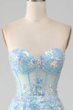 A Line Strapless Sky Blue Corset Prom Dress with Sequins