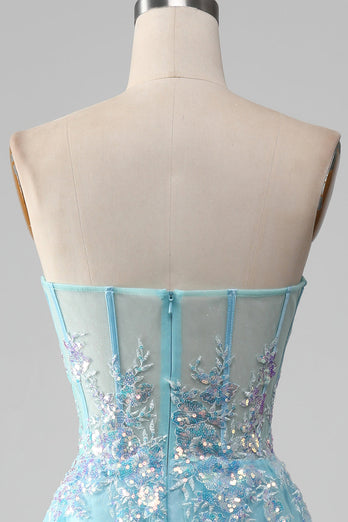 A Line Strapless Sky Blue Corset Prom Dress with Sequins