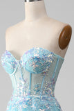 A Line Strapless Sky Blue Corset Prom Dress with Sequins