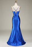 Royal Blue Spaghetti Straps Mermaid Long Prom Dress With Slit