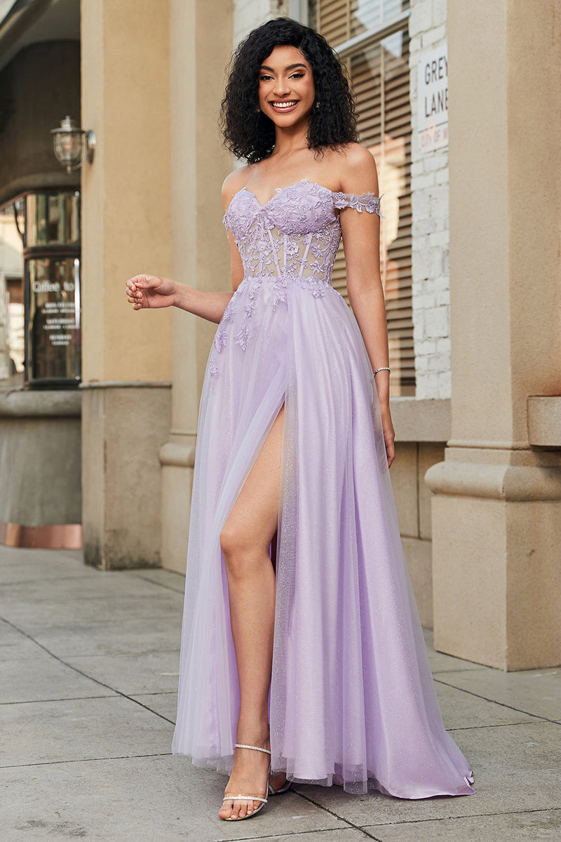 Load image into Gallery viewer, Gorgeous A Line Off the Shoulder Purple Corset Prom Dress with Appliques