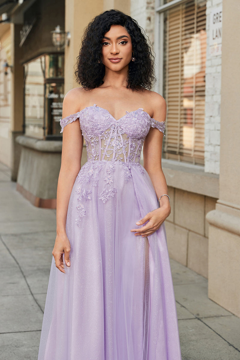 Load image into Gallery viewer, Gorgeous A Line Off the Shoulder Purple Corset Prom Dress with Appliques