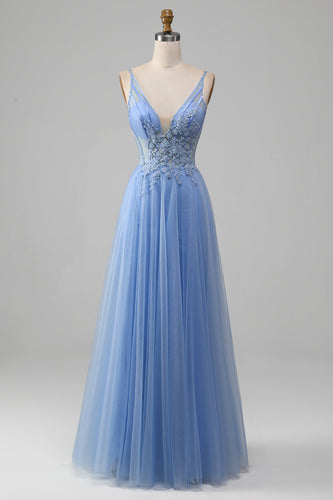Light Blue A-Line V Neck Tulle Prom Dress With Appliques