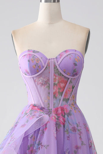 Purple Printed Strapless Corset Prom Dress