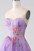 Load image into Gallery viewer, Purple Printed Strapless Corset Prom Dress