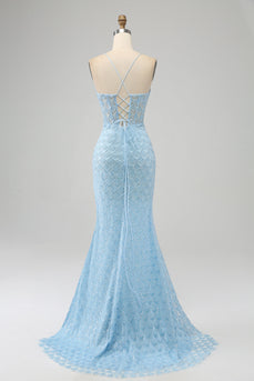 Glitter Sky Blue Spaghetti Straps Mermaid Prom Dress with Slit