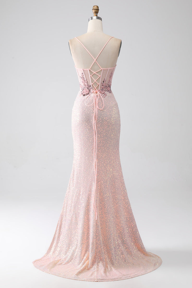 Load image into Gallery viewer, Glitter Pink Beaded Mermaid Prom Dress with Slit