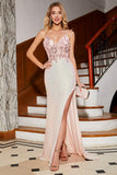 Beaded Mermaid Glitter Pink Prom Dress with Slit