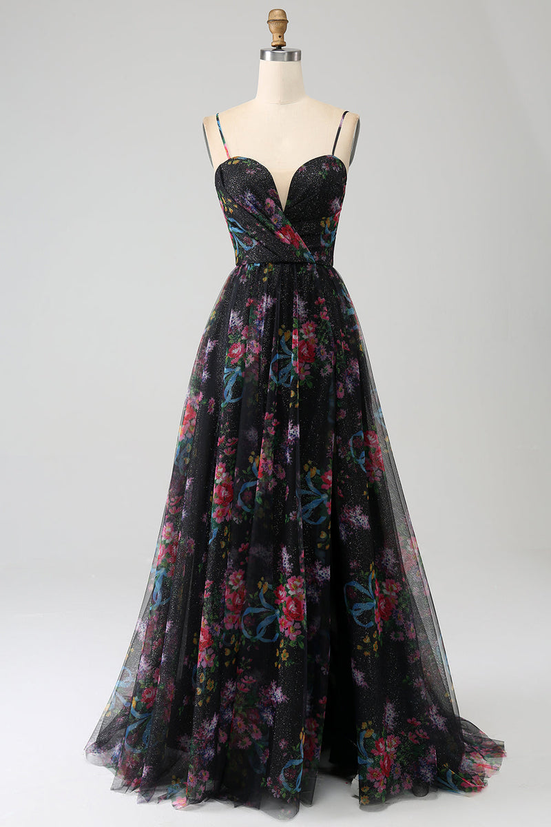 Load image into Gallery viewer, Black Printed Spaghetti Straps A Line Prom Dress with Slit