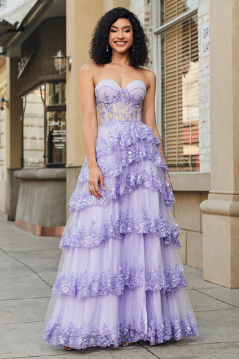 Princess A Line Sweetheart Lavender Corset Prom Dress with Tiered Lace