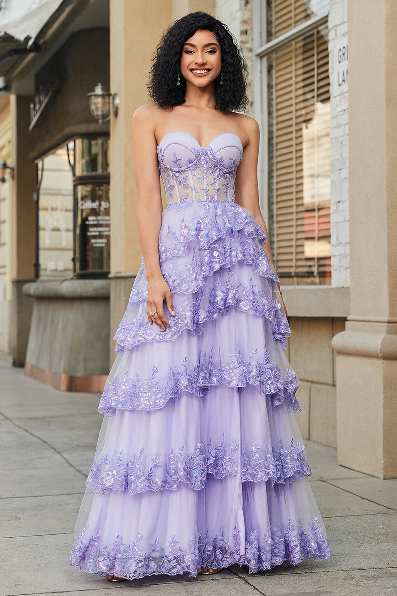 Load image into Gallery viewer, Princess A Line Sweetheart Lavender Corset Prom Dress with Tiered Lace