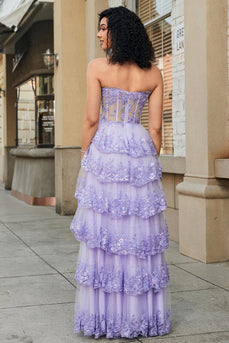 Princess A Line Sweetheart Lavender Corset Prom Dress with Tiered Lace