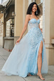 Charming A Line Sweetheart Blue Corset Prom Dress with Beading Slit