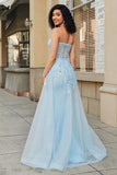 Charming A Line Sweetheart Blue Corset Prom Dress with Beading Slit