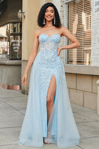 Charming A Line Sweetheart Blue Corset Prom Dress with Beading Slit