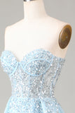 Corset Blue Strapless A Line Prom Dress with Slit