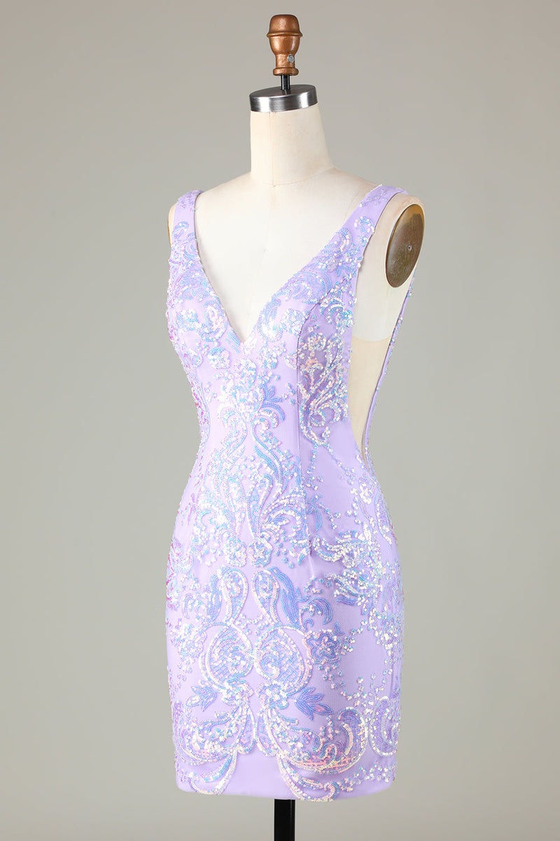 Load image into Gallery viewer, Lavender Sparkly Tight Homecoming Dress with Backless