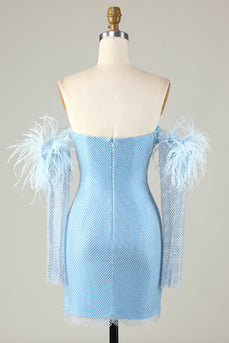 Detachable Sleeves Blue Tight Homecoming Dress with Feathers