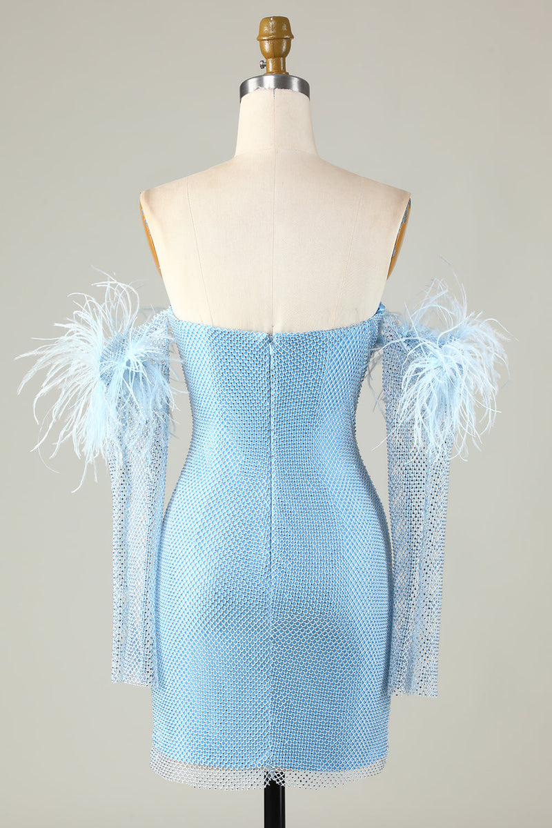 Load image into Gallery viewer, Detachable Sleeves Blue Tight Homecoming Dress with Feathers