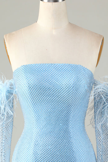 Detachable Sleeves Blue Tight Homecoming Dress with Feathers