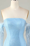 Detachable Sleeves Blue Tight Homecoming Dress with Feathers