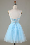 Blue Glitter Cute Homecoming Dress with Appliques