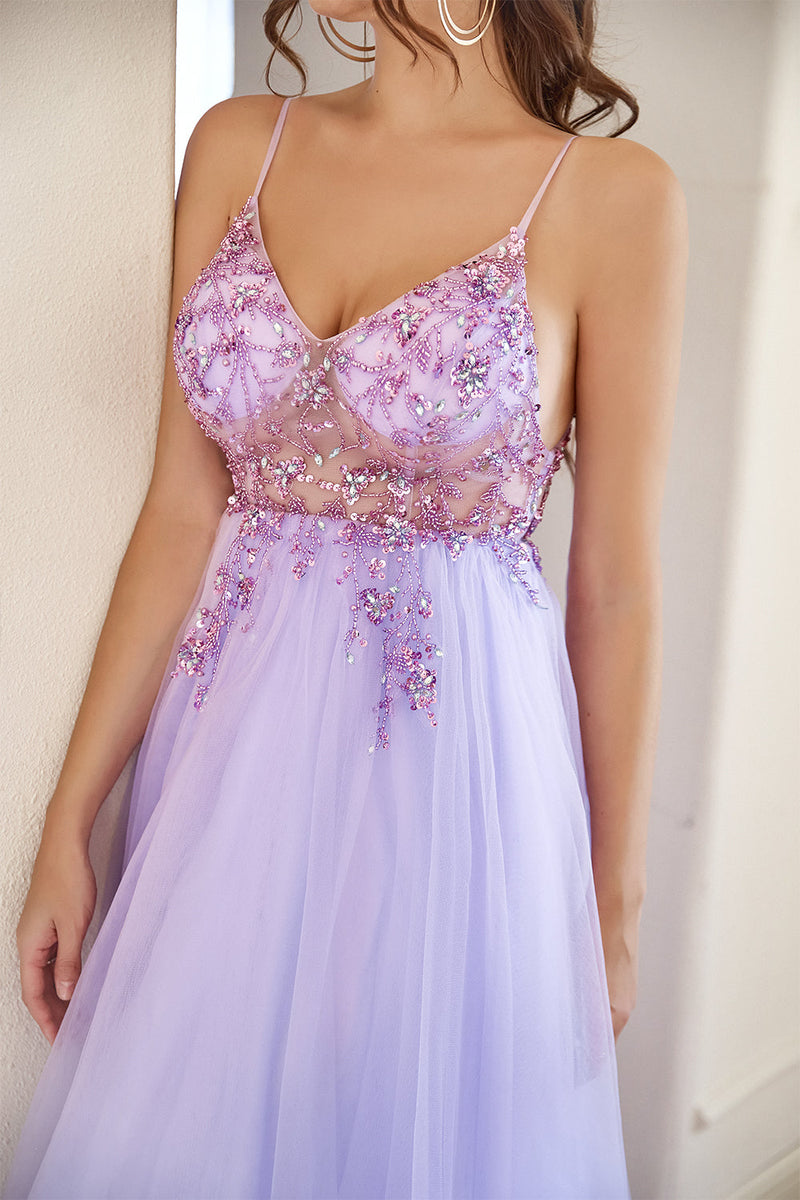 Load image into Gallery viewer, Purple Beading Tulle Prom Dress